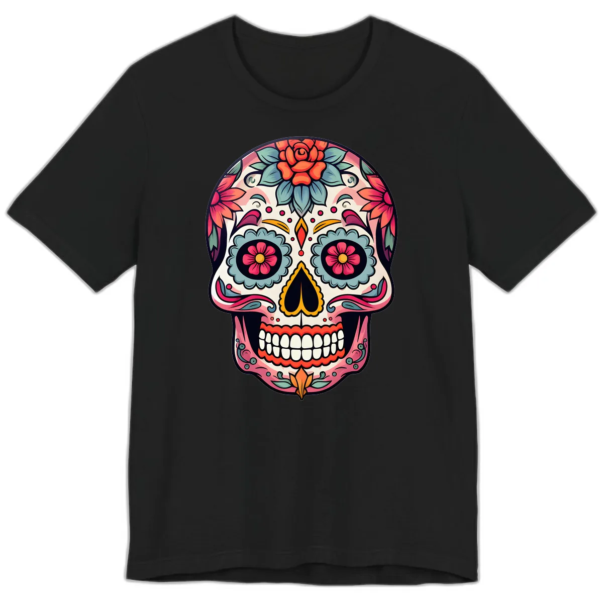 Vibrant Floral Calavera Sugar Skull Premium T-Shirt in Black