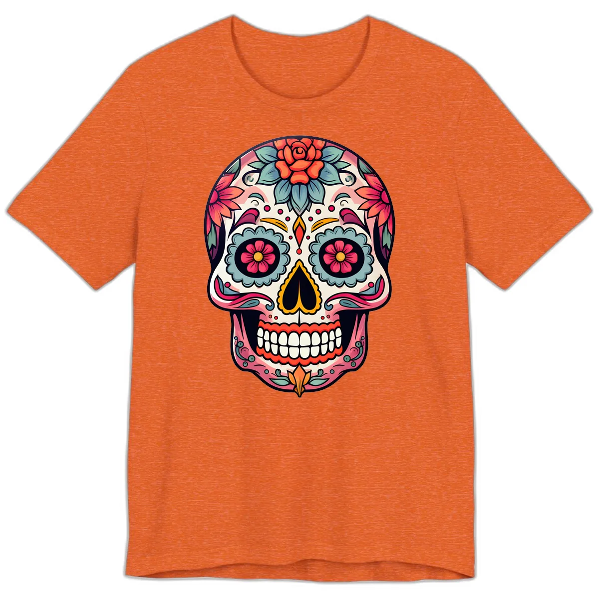Vibrant Floral Calavera Sugar Skull Premium T-Shirt in Heather Orange