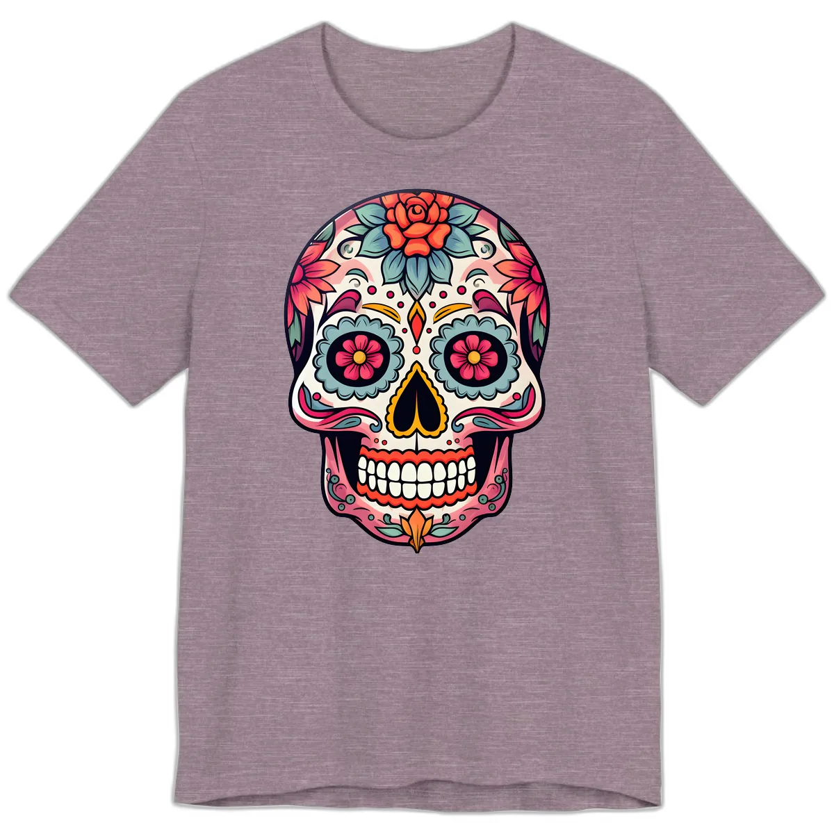 Vibrant Floral Calavera Sugar Skull Premium T-Shirt in Heather Purple