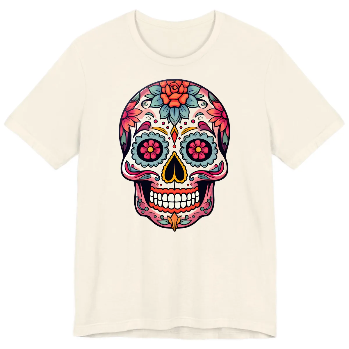 Vibrant Floral Calavera Sugar Skull Premium T-Shirt in Natural