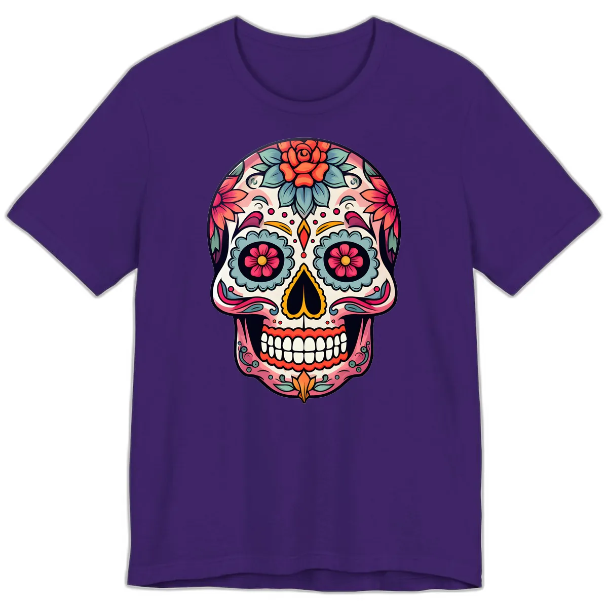 Vibrant Floral Calavera Sugar Skull Premium T-Shirt in Team Purple