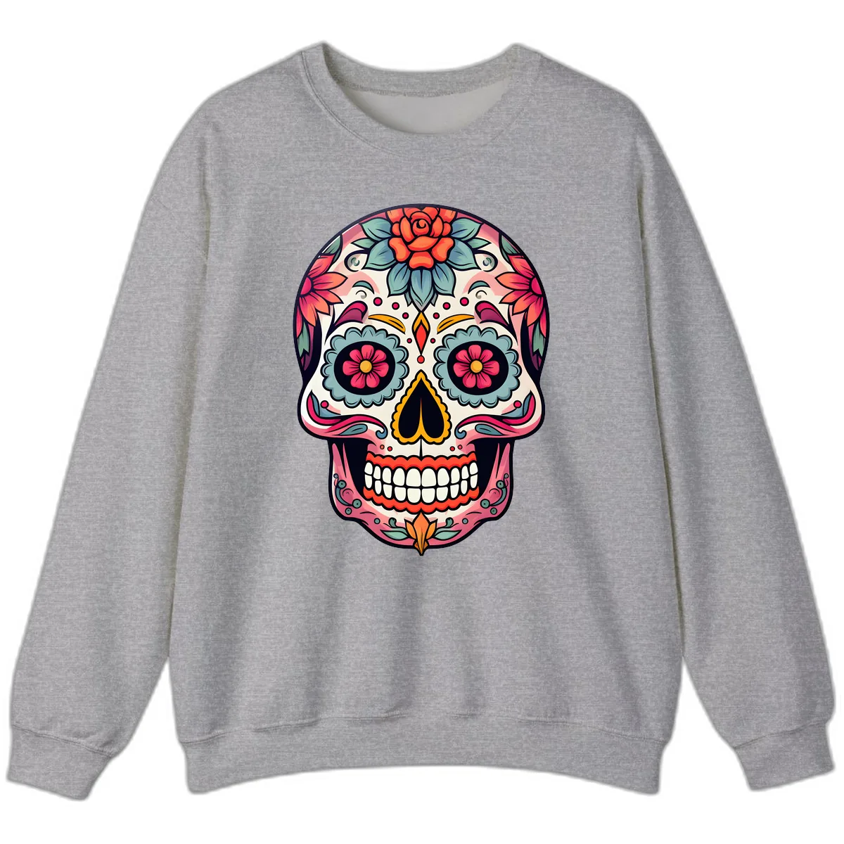 Vibrant Floral Calavera Sugar Skull Sweatshirt in Sport Grey