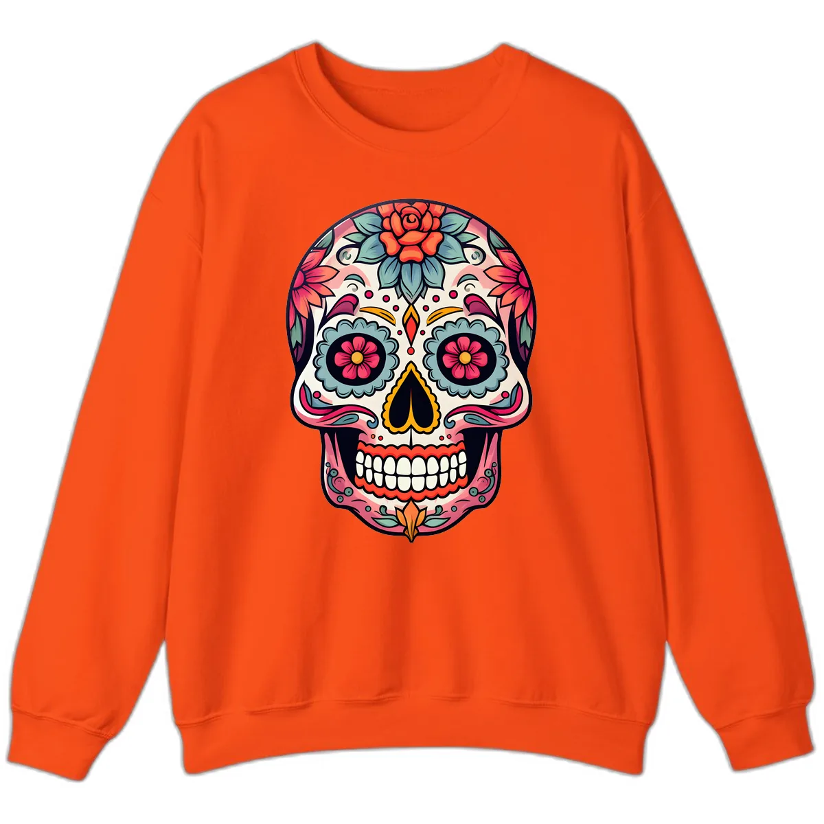 Vibrant Floral Calavera Sugar Skull Sweatshirt in Orange