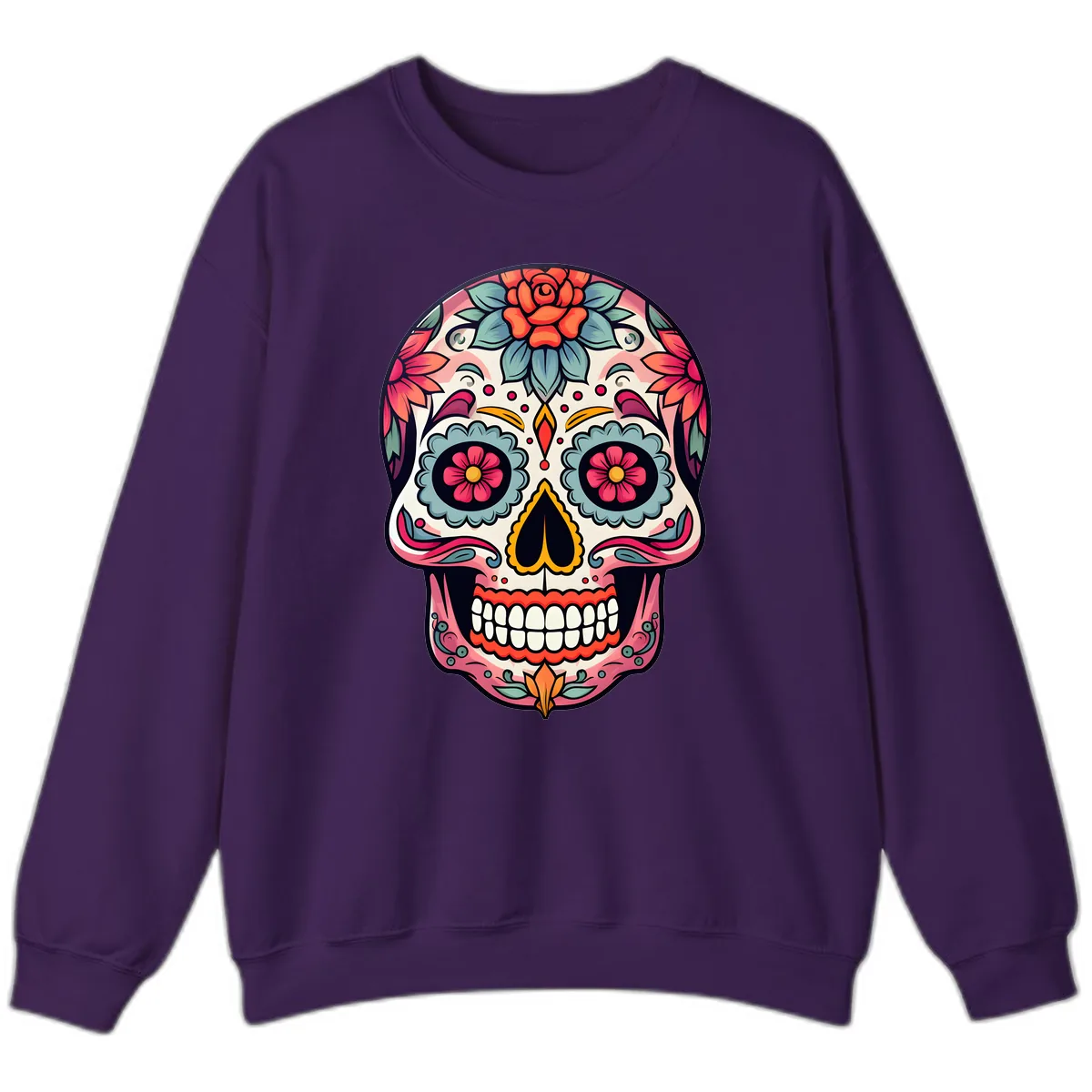 Vibrant Floral Calavera Sugar Skull Sweatshirt in Purple
