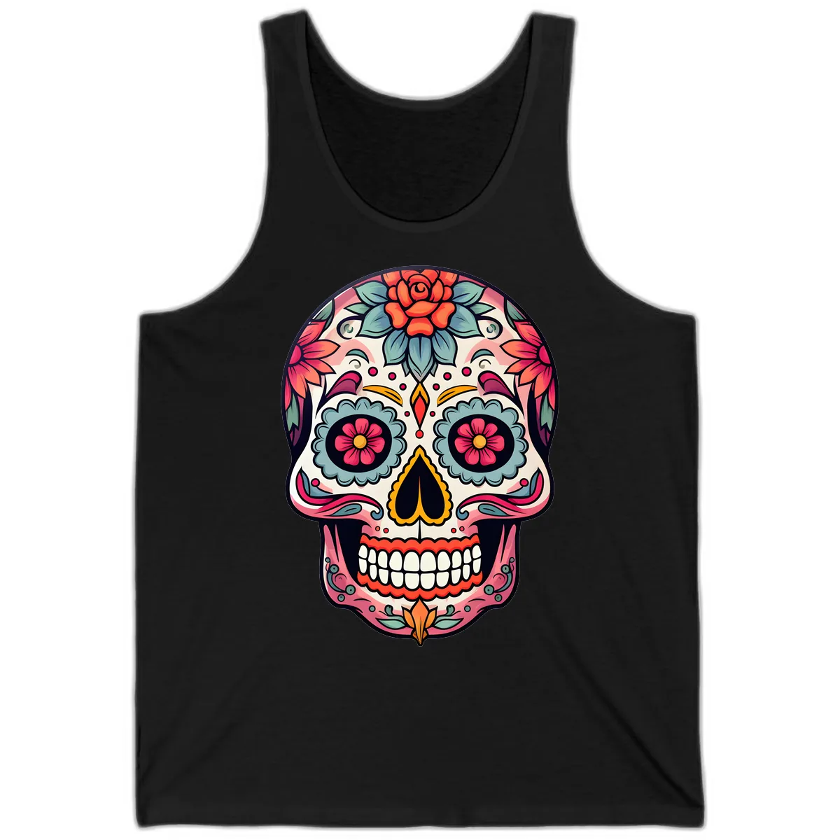 Vibrant Floral Calavera Sugar Skull Tank in Black