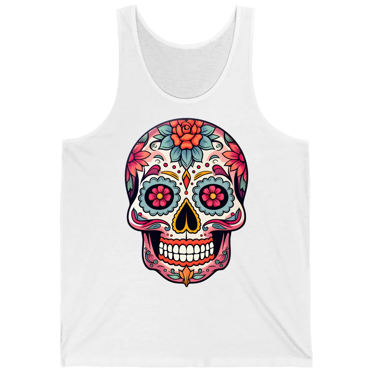 Vibrant Floral Calavera Sugar Skull Tank in White