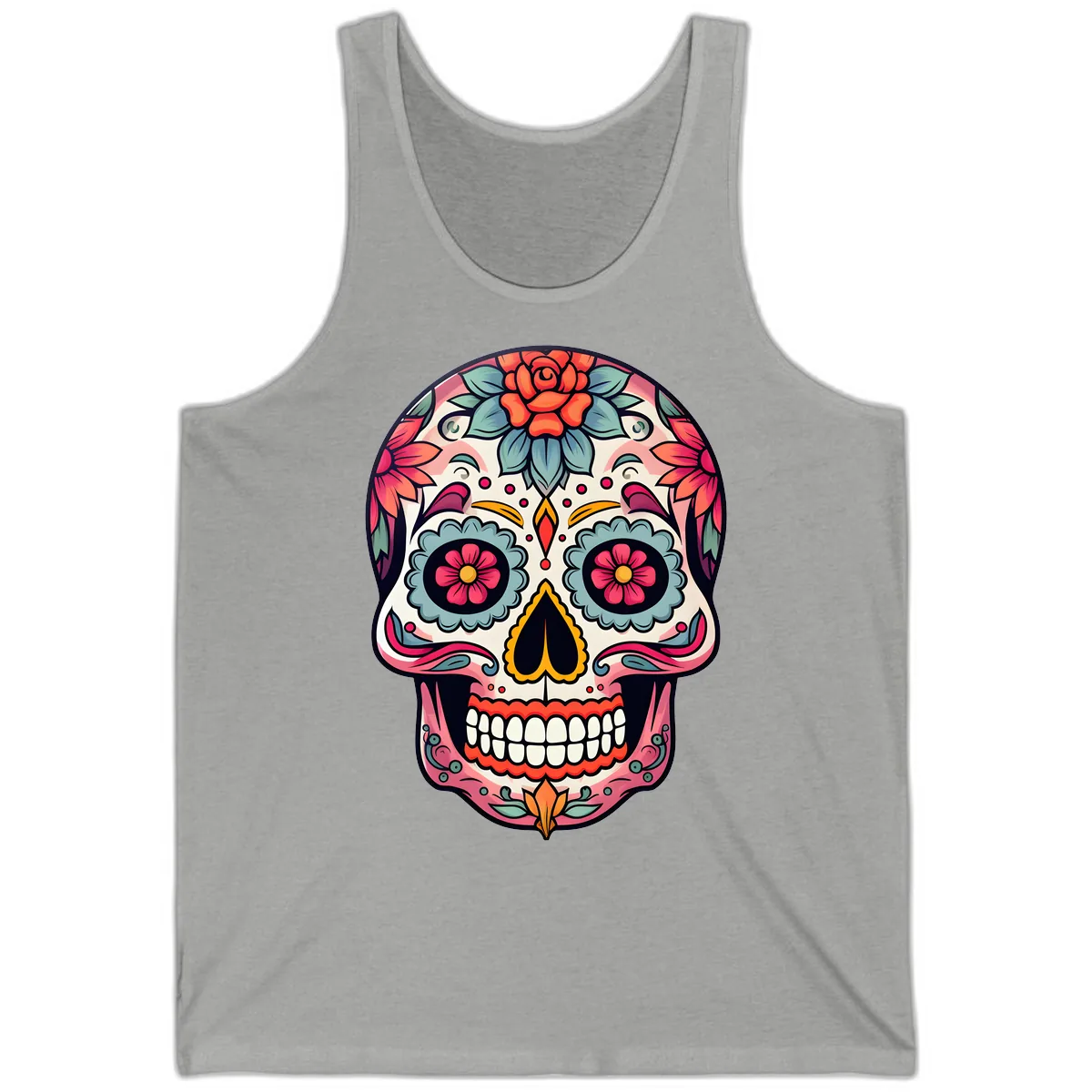 Vibrant Floral Calavera Sugar Skull Tank in Athletic Heather