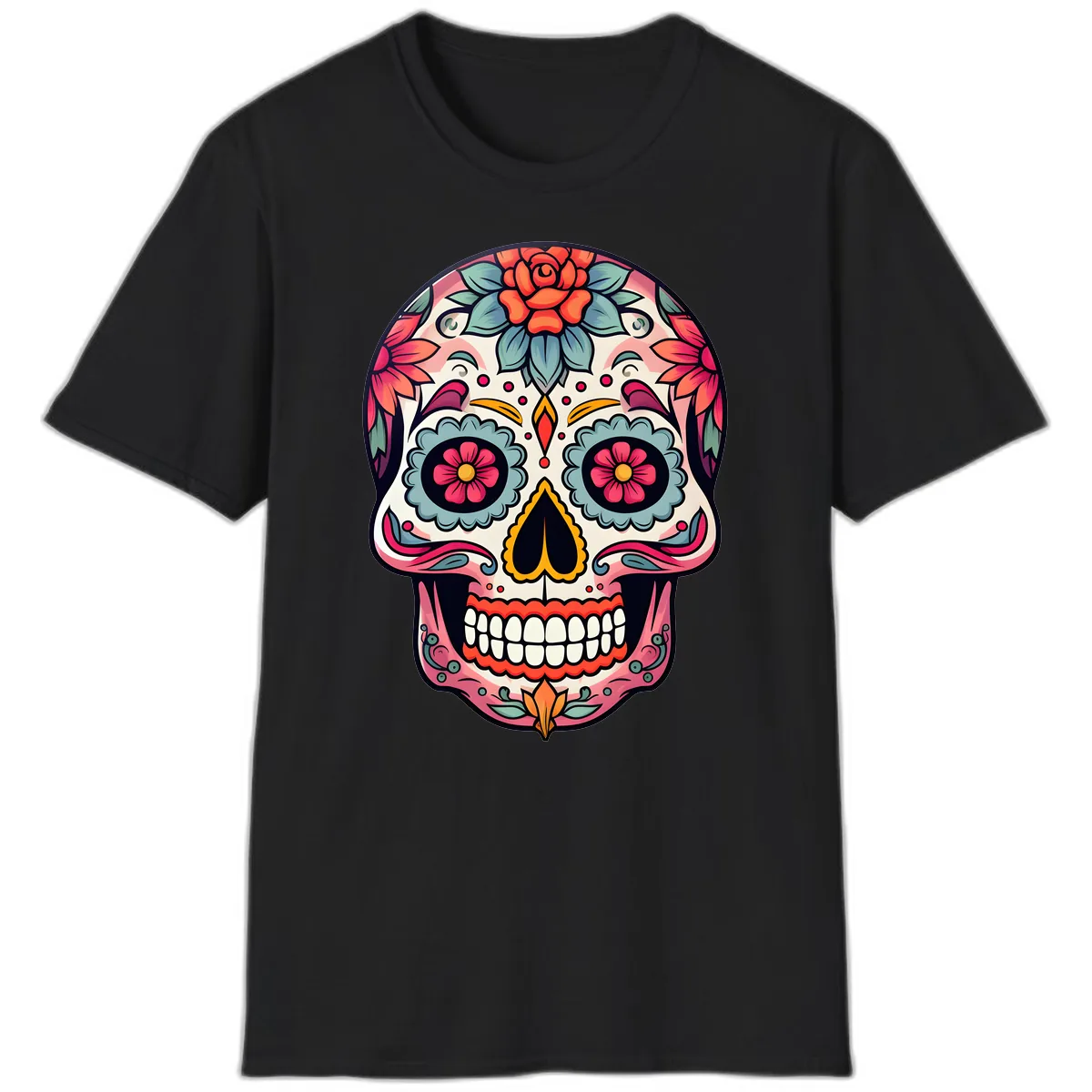 Vibrant Floral Calavera Sugar Skull T-Shirt in Black
