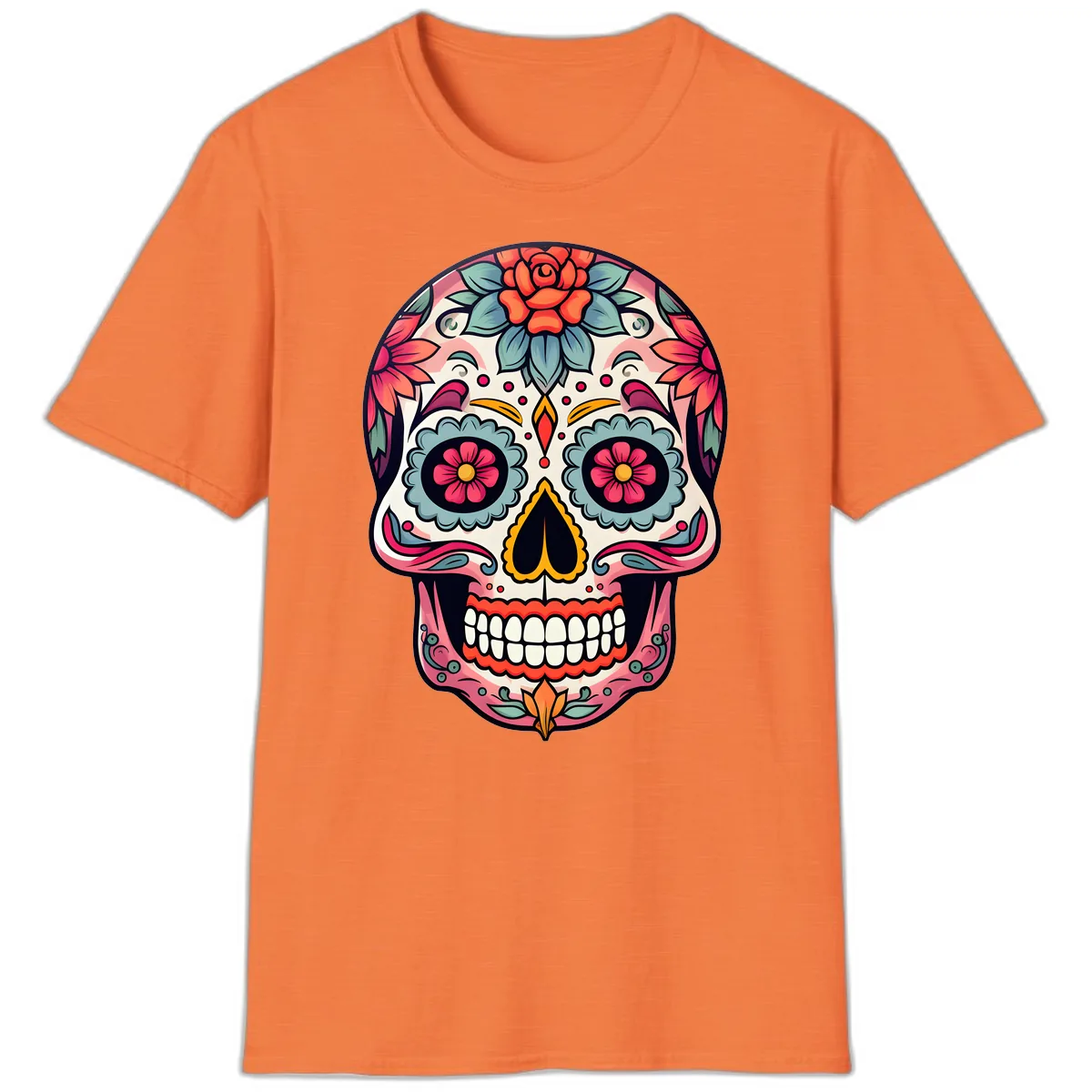 Vibrant Floral Calavera Sugar Skull T-Shirt in Heather Orange