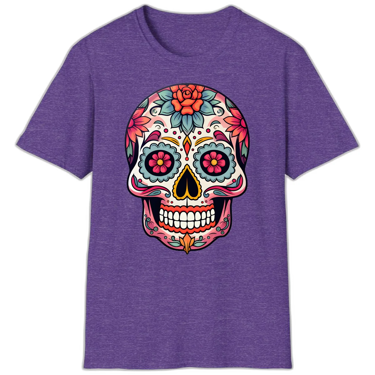 Vibrant Floral Calavera Sugar Skull T-Shirt in Heather Purple