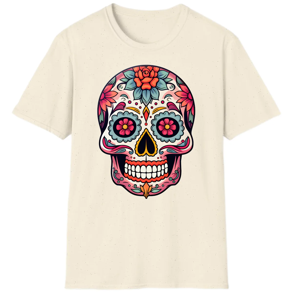 Vibrant Floral Calavera Sugar Skull T-Shirt in Natural