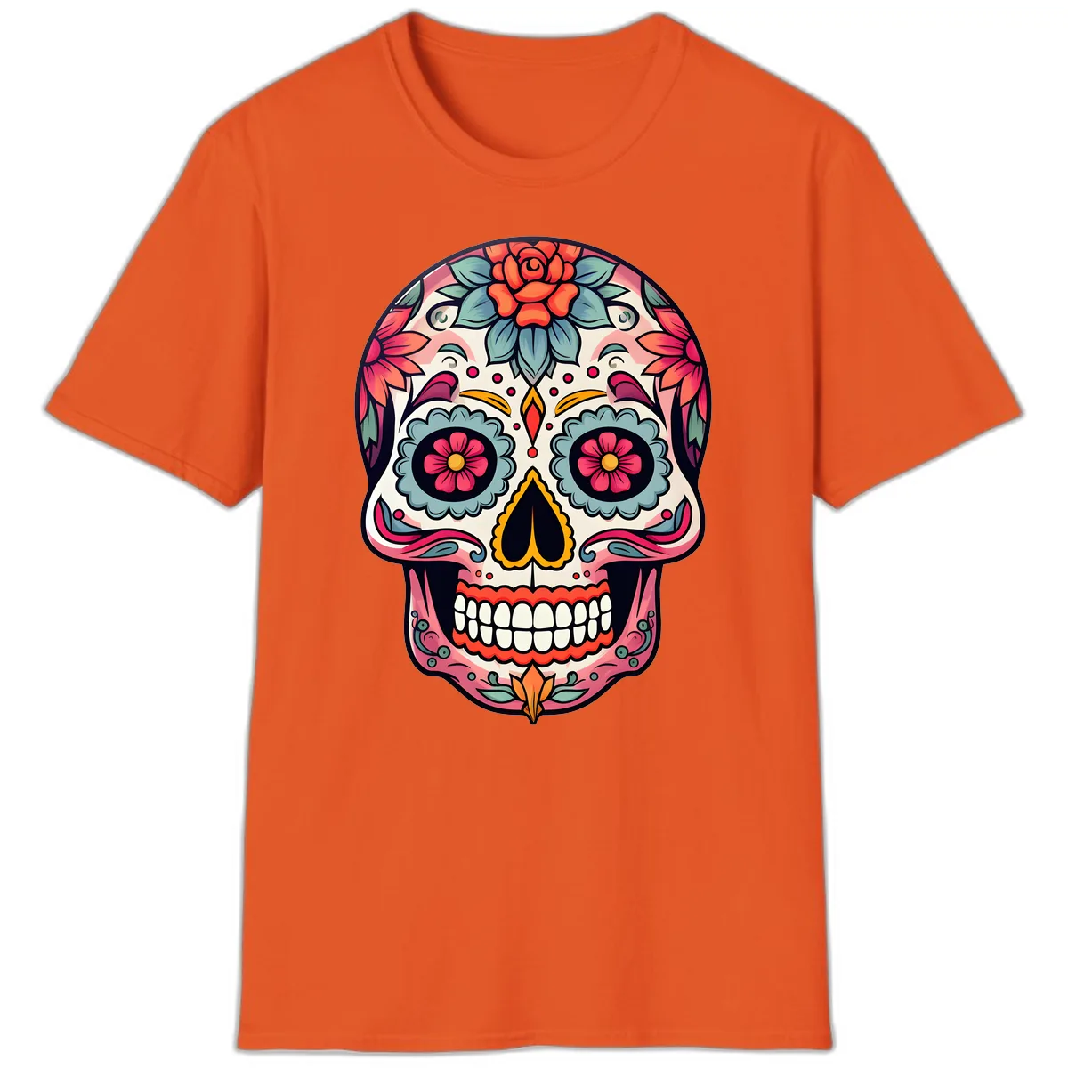 Vibrant Floral Calavera Sugar Skull T-Shirt in Orange