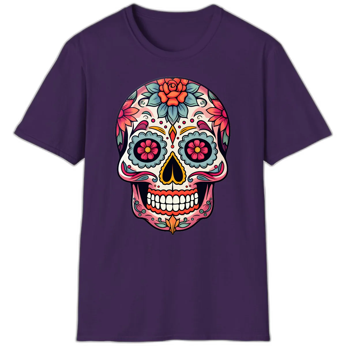 Vibrant Floral Calavera Sugar Skull T-Shirt in Purple