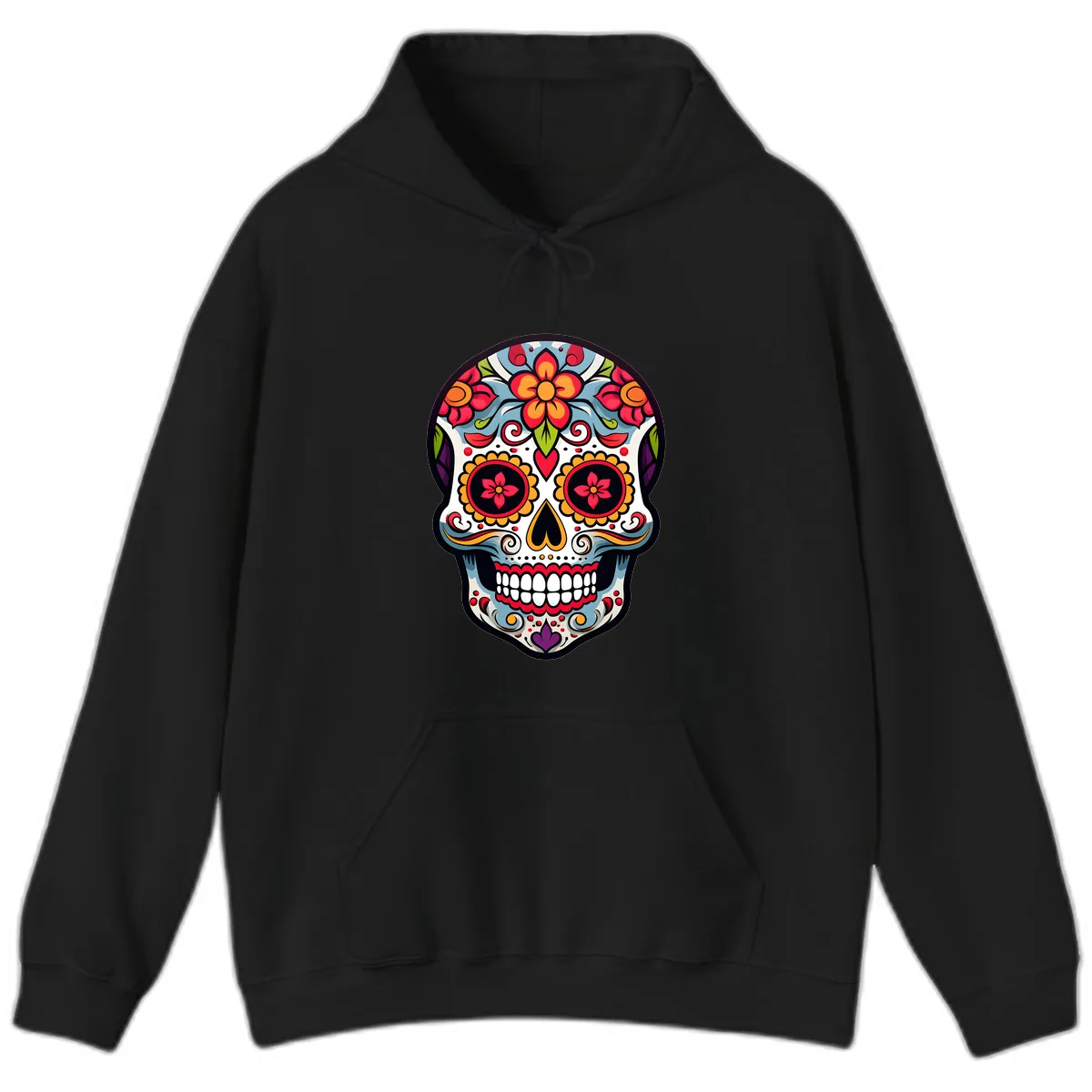 Vibrant Día de los Muertos Sugar Skull Calavera Hoodie in Black