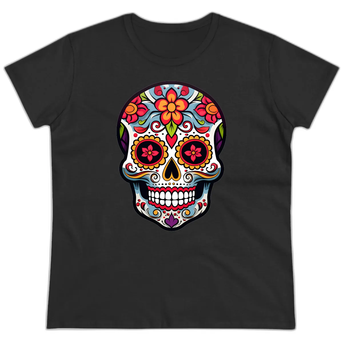 Vibrant Día de los Muertos Sugar Skull Calavera Ladies Tee in Black