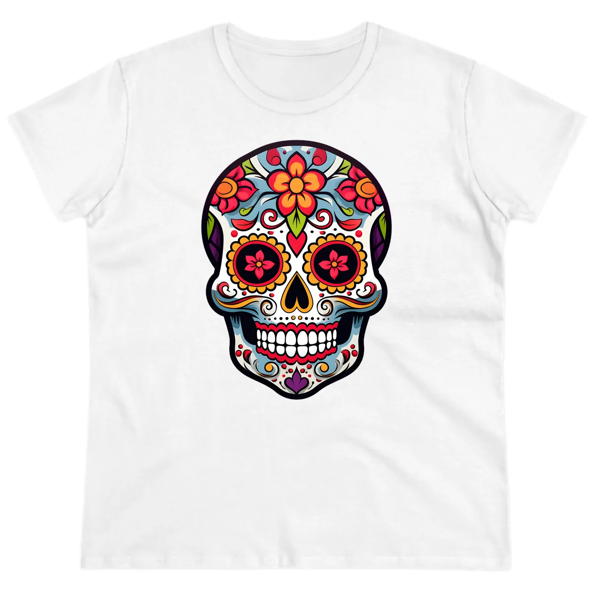 Vibrant Día de los Muertos Sugar Skull Calavera Ladies Tee in White