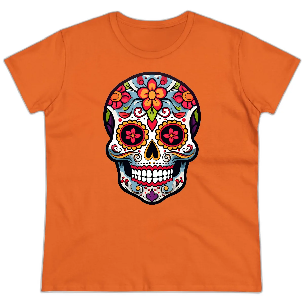Vibrant Día de los Muertos Sugar Skull Calavera Ladies Tee in Orange
