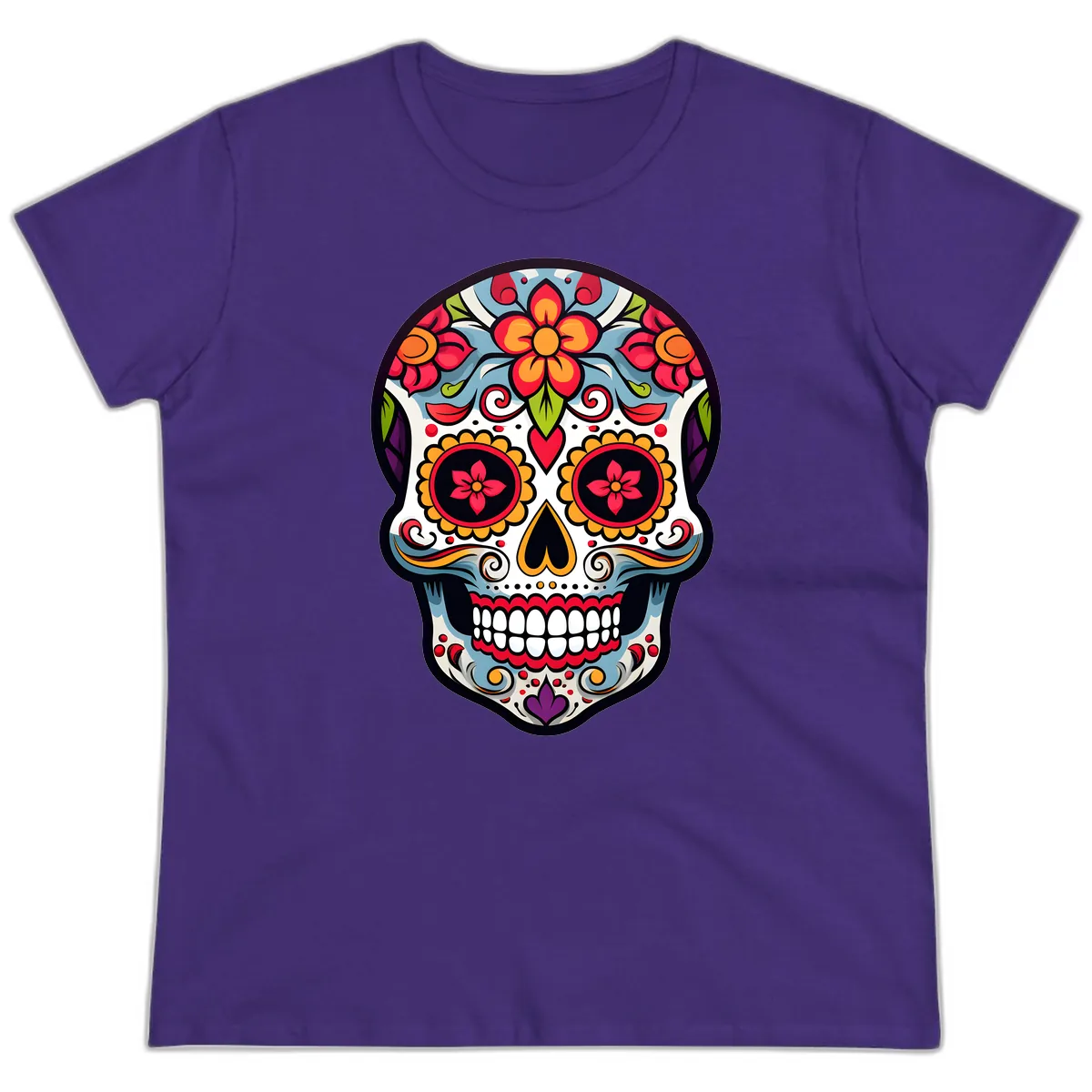 Vibrant Día de los Muertos Sugar Skull Calavera Ladies Tee in Purple