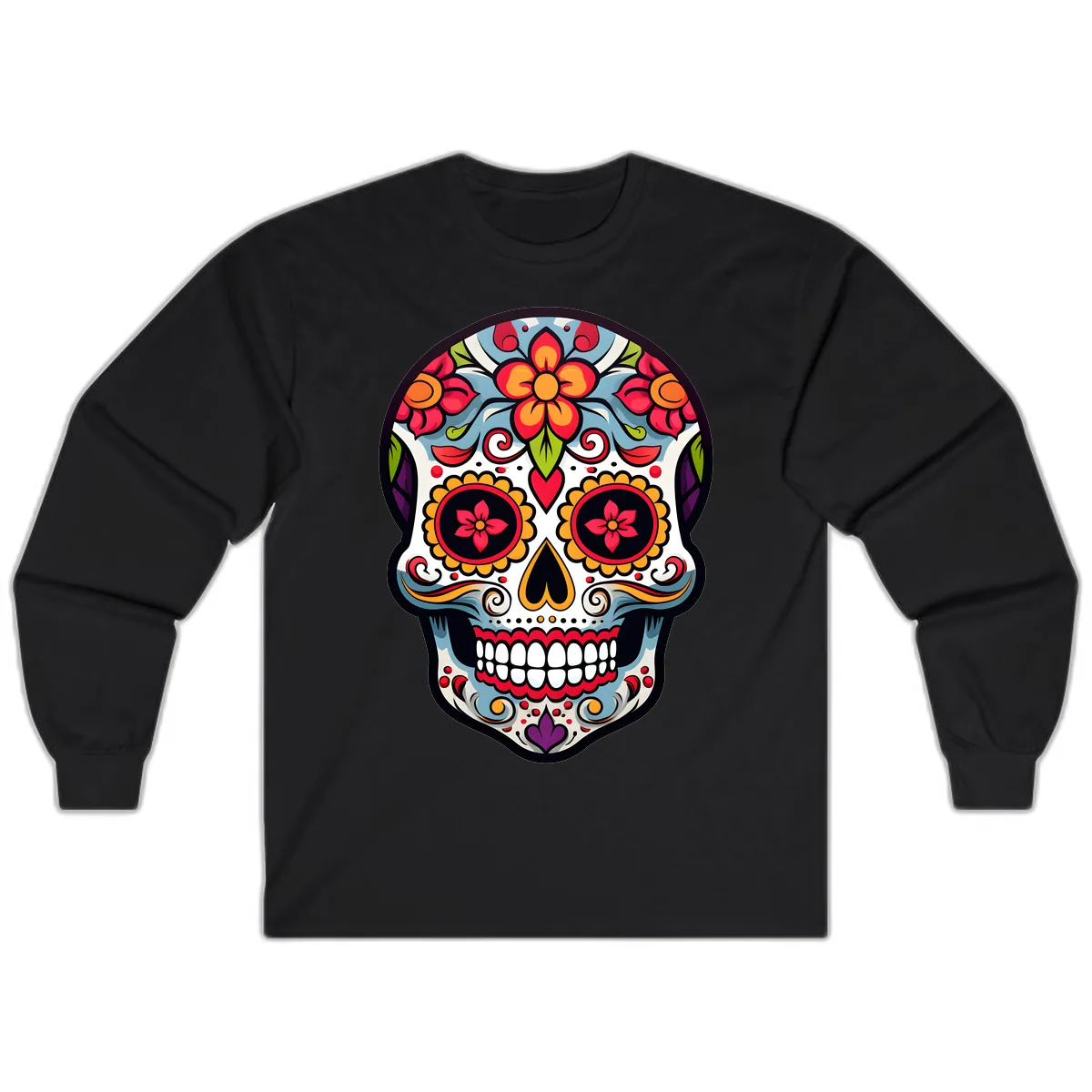 Vibrant Día de los Muertos Sugar Skull Calavera Long Sleeve in Black
