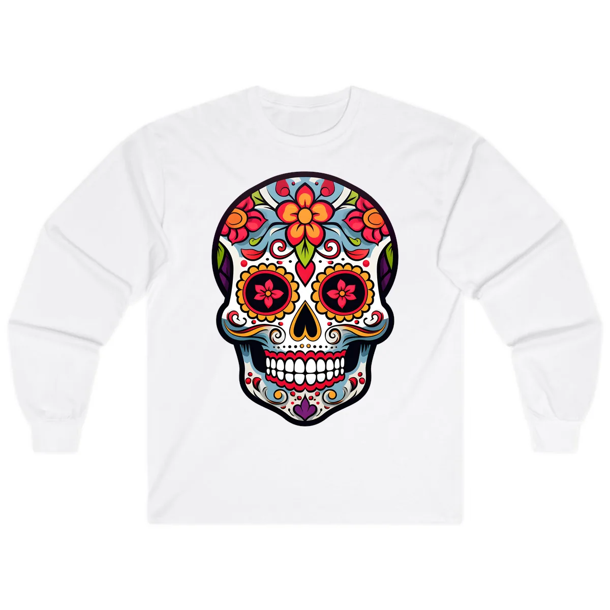 Vibrant Día de los Muertos Sugar Skull Calavera Long Sleeve in White