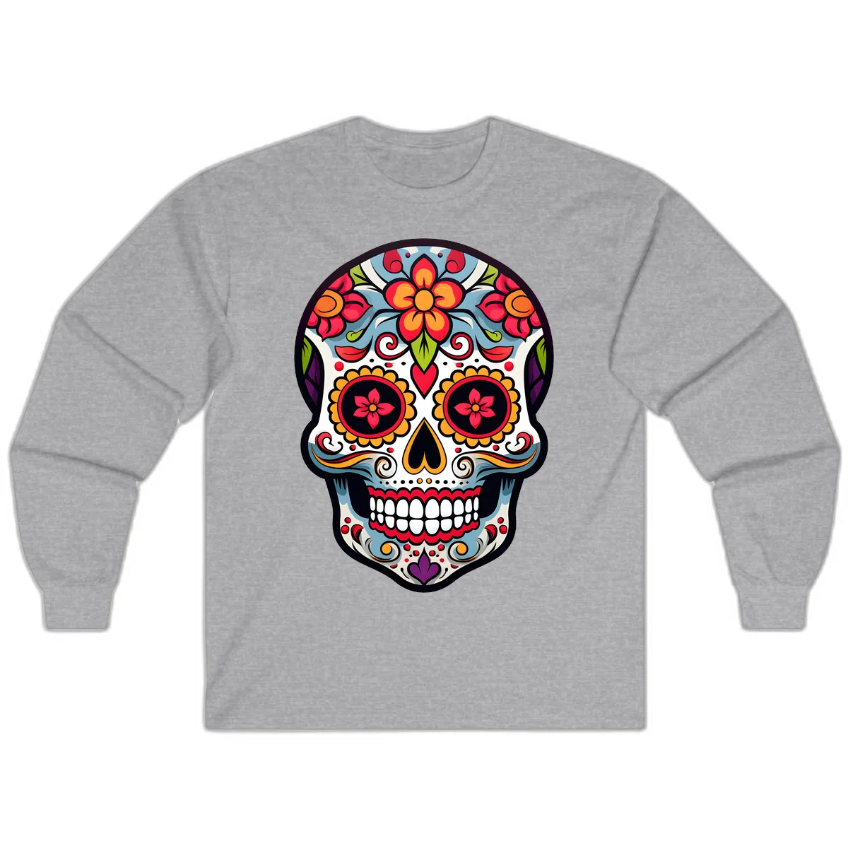 Vibrant Día de los Muertos Sugar Skull Calavera Long Sleeve in Sport Grey