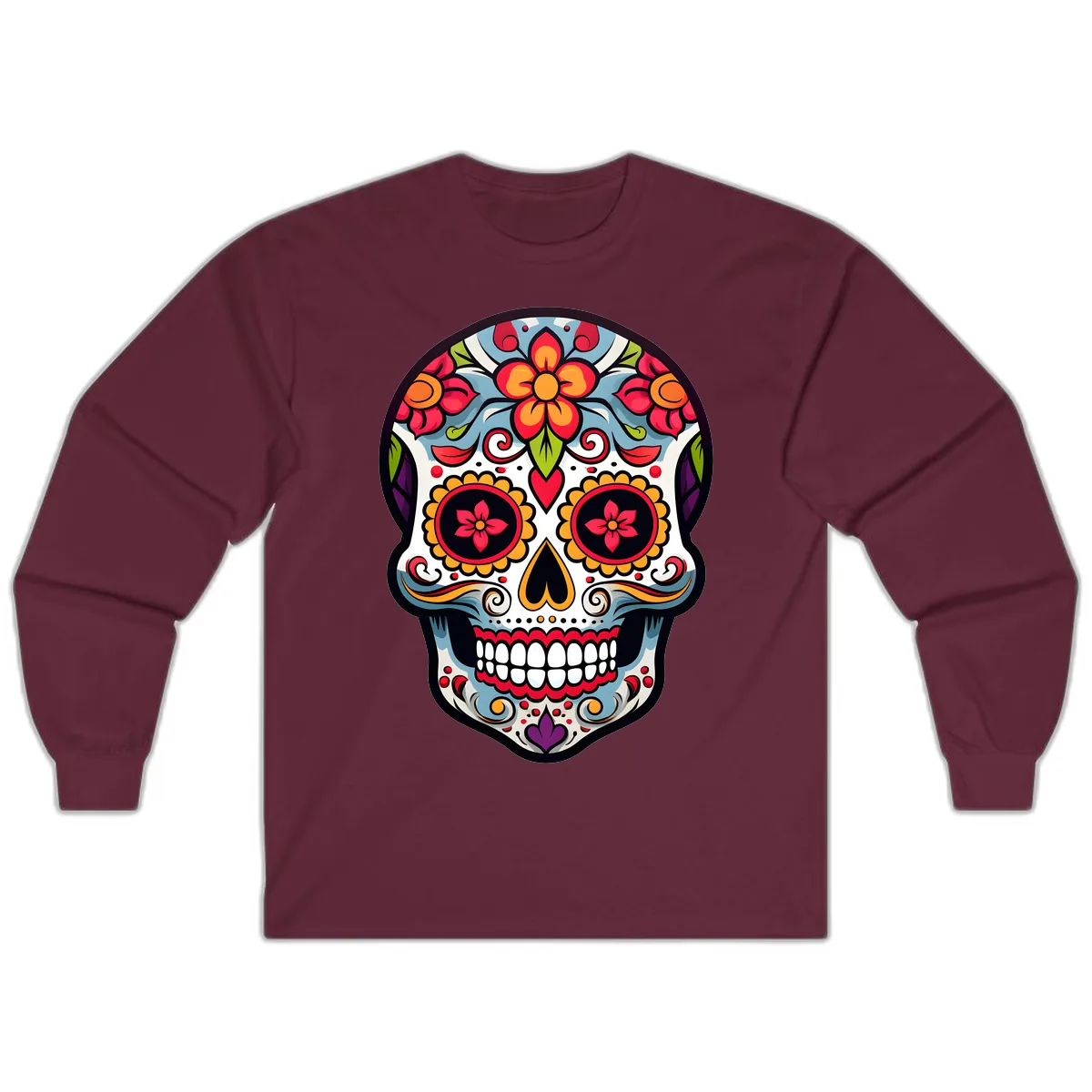 Vibrant Día de los Muertos Sugar Skull Calavera Long Sleeve in Maroon