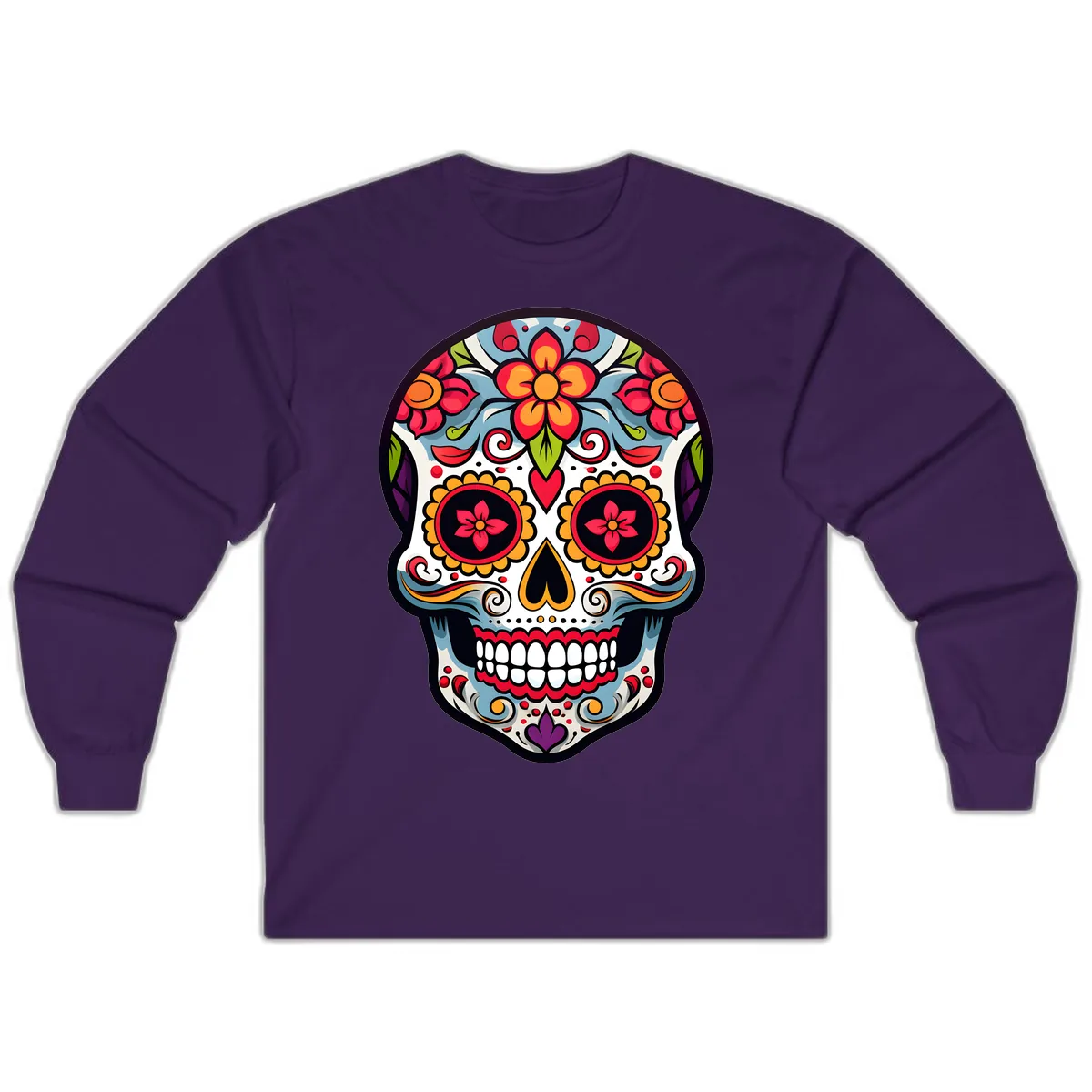 Vibrant Día de los Muertos Sugar Skull Calavera Long Sleeve in Purple