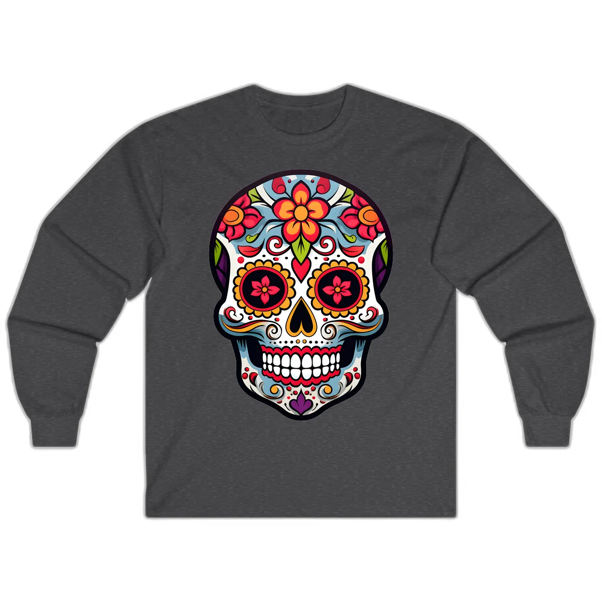 Vibrant Día de los Muertos Sugar Skull Calavera Long Sleeve in Dark Heather