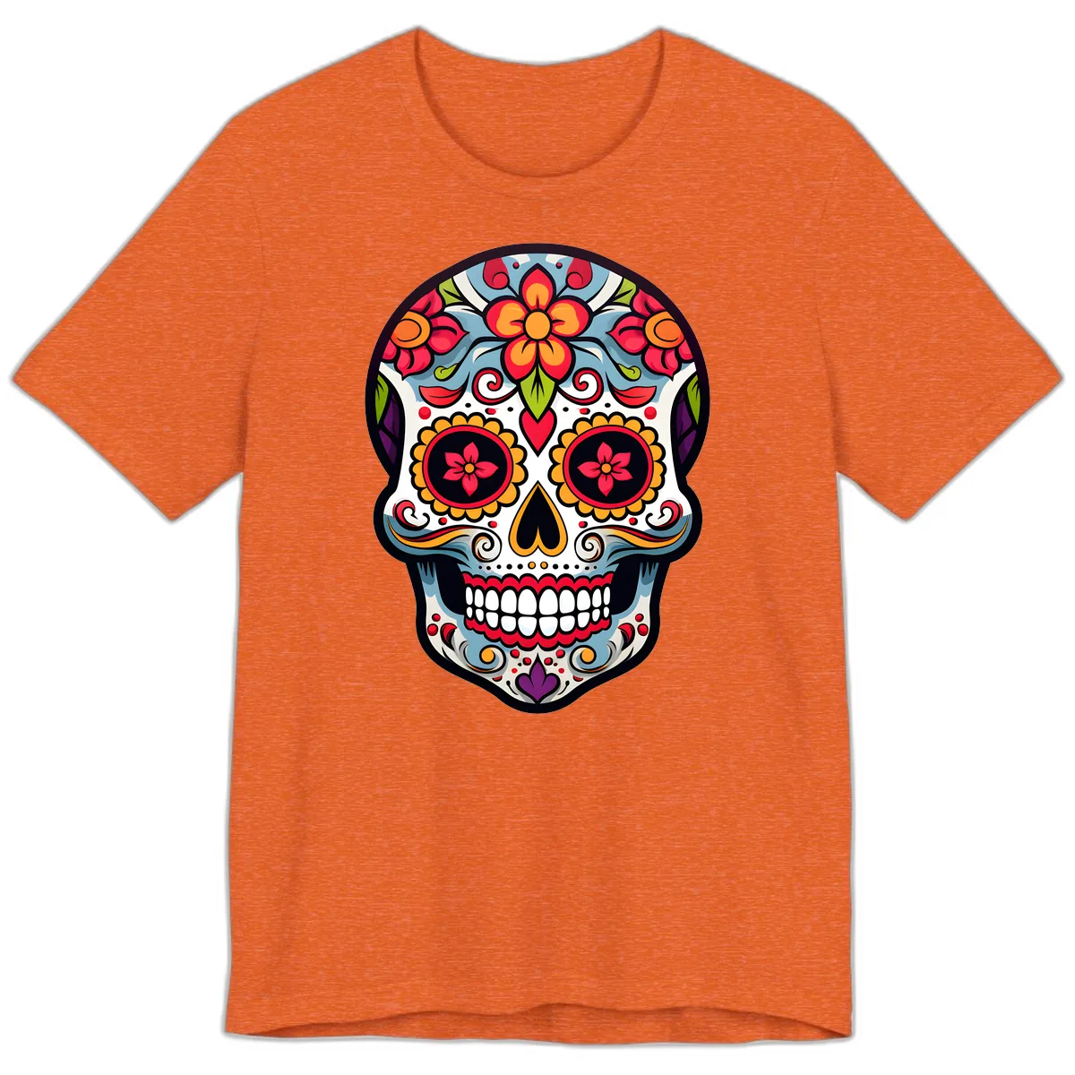 Vibrant Día de los Muertos Sugar Skull Calavera Premium T-Shirt in Heather Orange