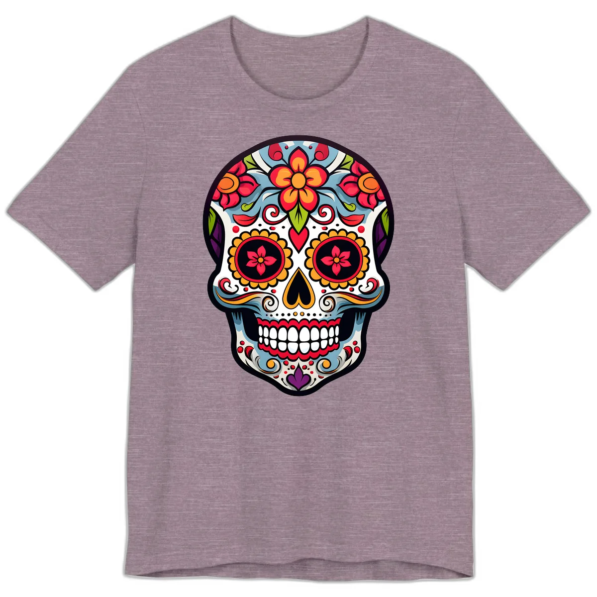 Vibrant Día de los Muertos Sugar Skull Calavera Premium T-Shirt in Heather Purple