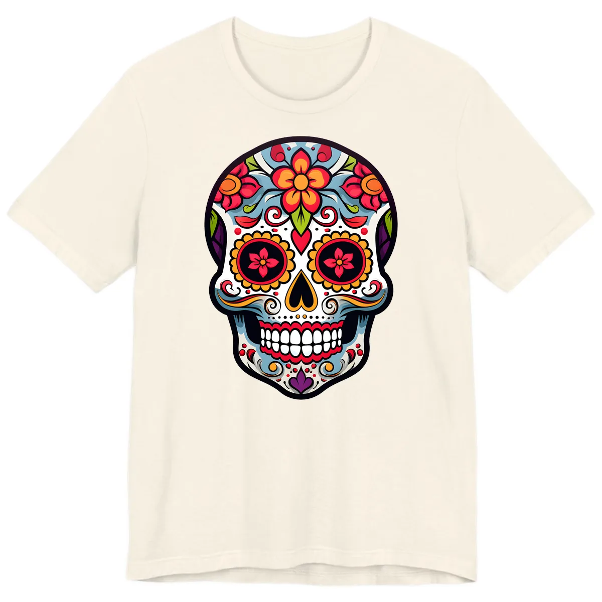 Vibrant Día de los Muertos Sugar Skull Calavera Premium T-Shirt in Natural