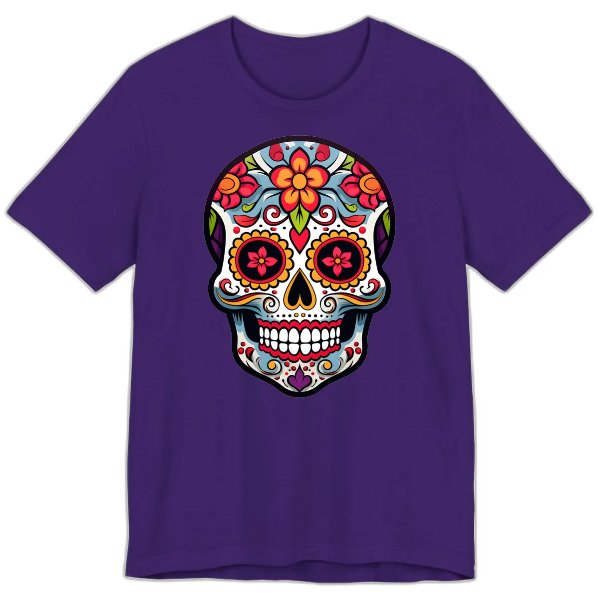 Vibrant Día de los Muertos Sugar Skull Calavera Premium T-Shirt in Team Purple