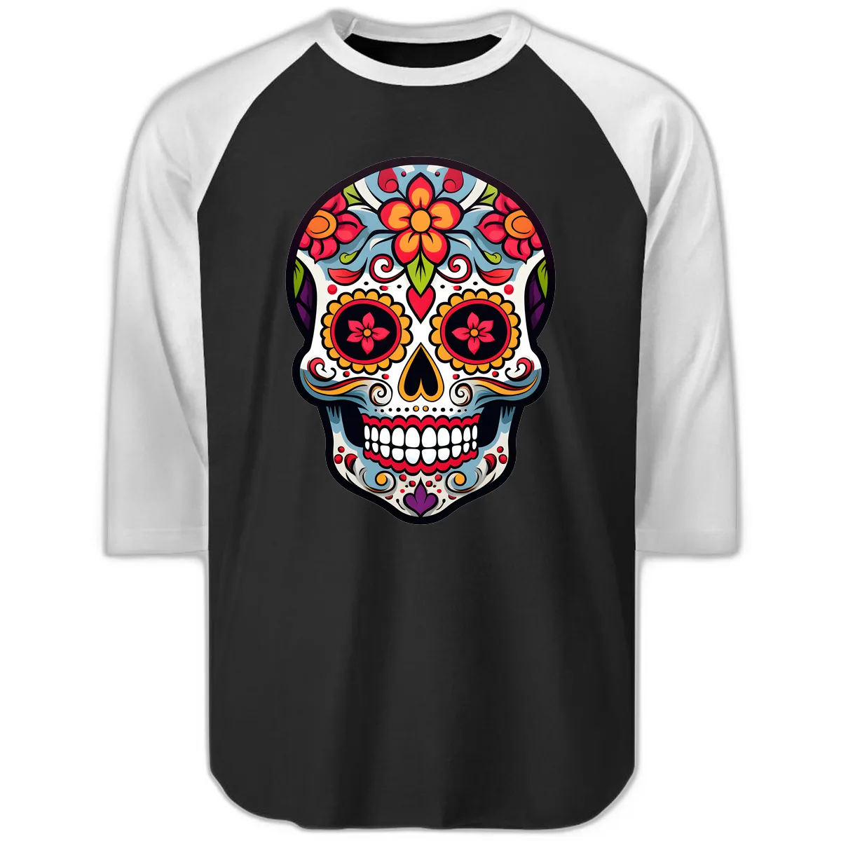 Vibrant Día de los Muertos Sugar Skull Calavera Raglan 3/4 in Black White