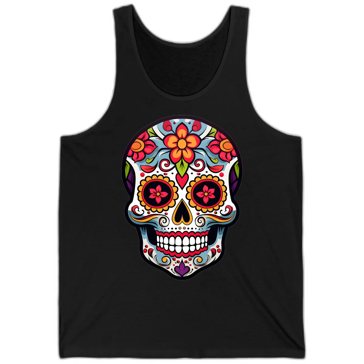 Vibrant Día de los Muertos Sugar Skull Calavera Tank in Black
