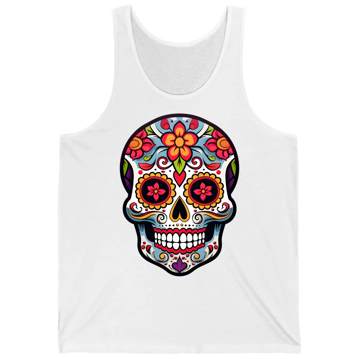 Vibrant Día de los Muertos Sugar Skull Calavera Tank in White