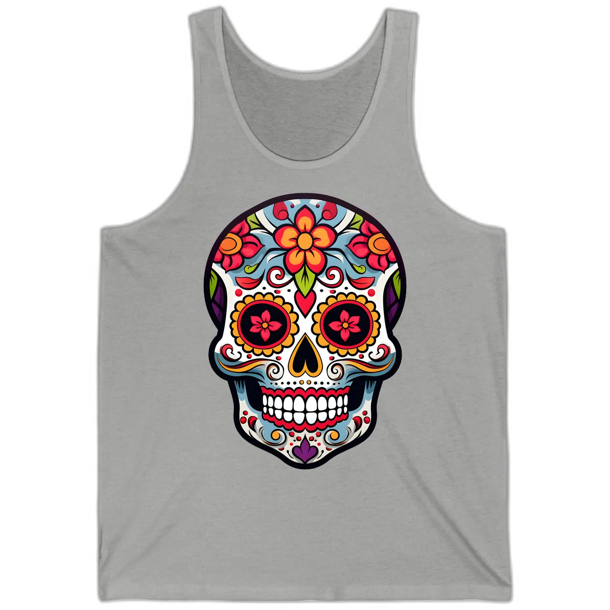 Vibrant Día de los Muertos Sugar Skull Calavera Tank in Athletic Heather