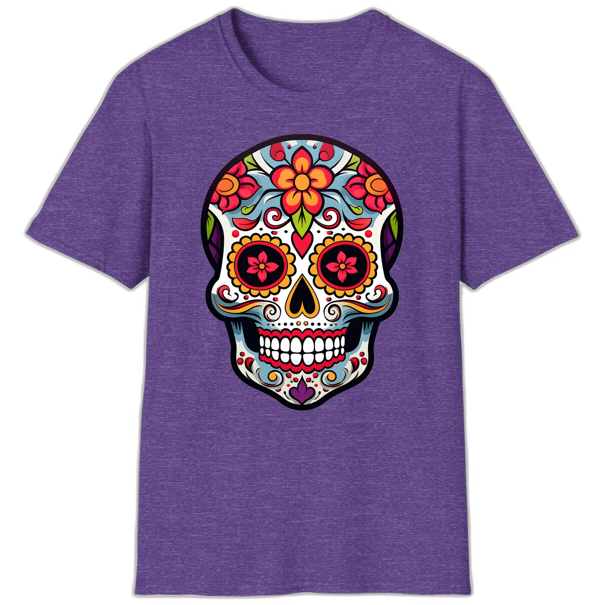 Vibrant Día de los Muertos Sugar Skull Calavera T-Shirt in Heather Purple