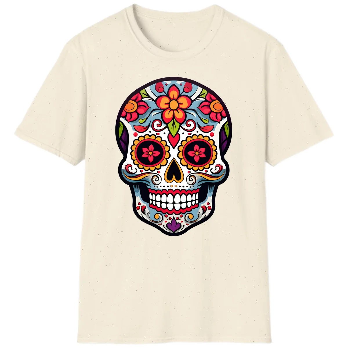 Vibrant Día de los Muertos Sugar Skull Calavera T-Shirt in Natural