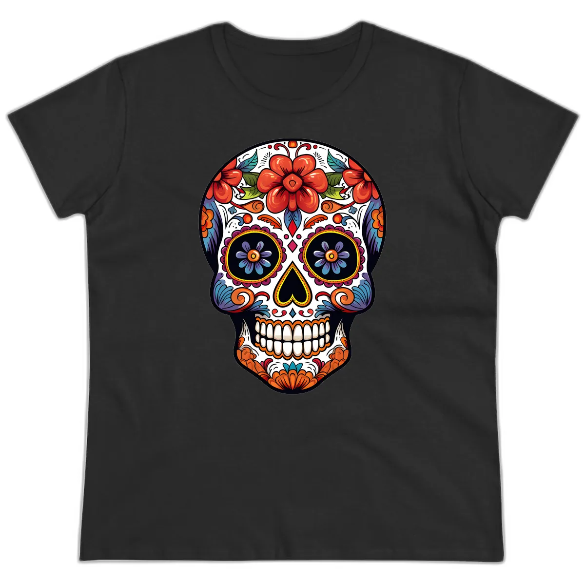 Vibrant Calavera Sugar Skull Art Ladies Tee in Black