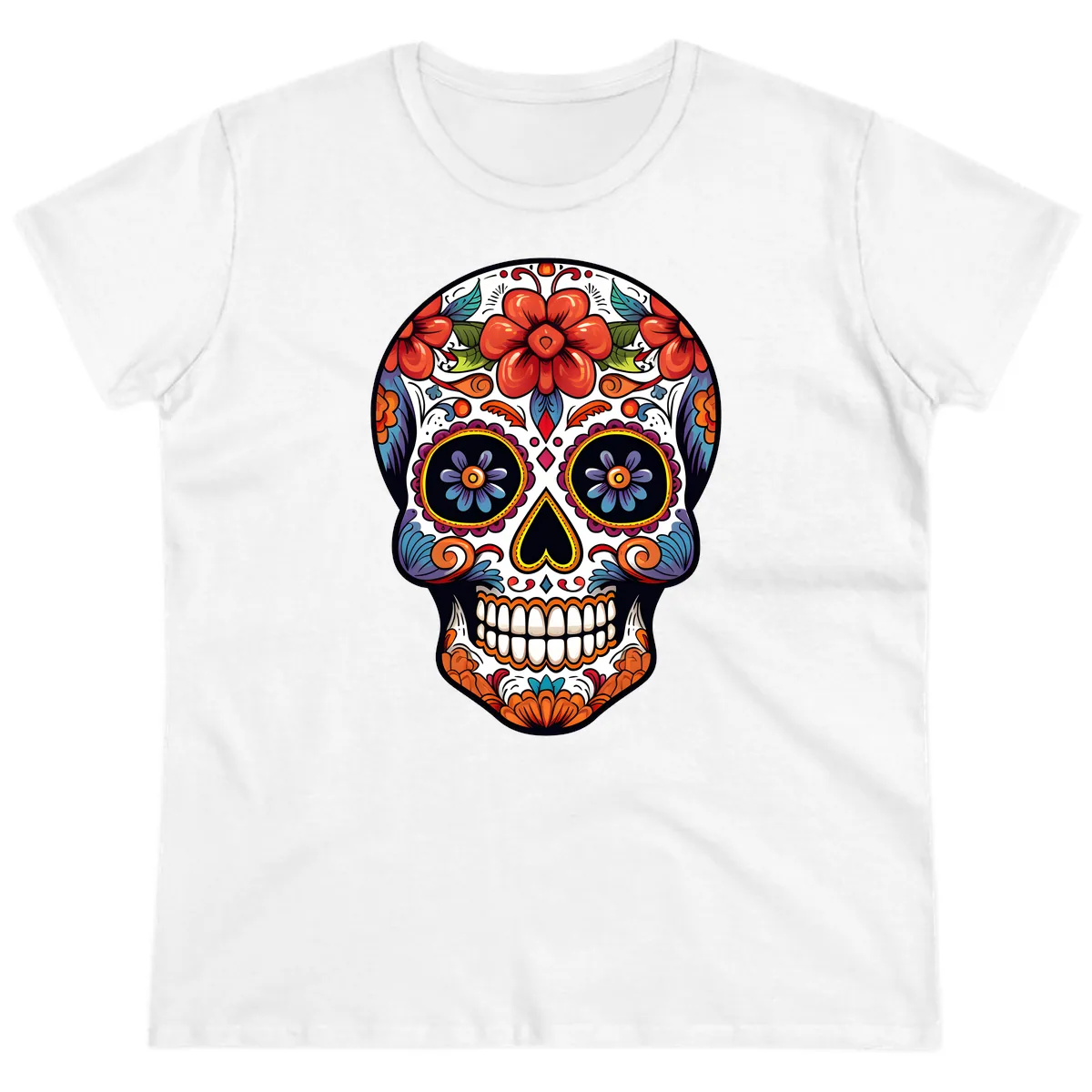 Vibrant Calavera Sugar Skull Art Ladies Tee in White
