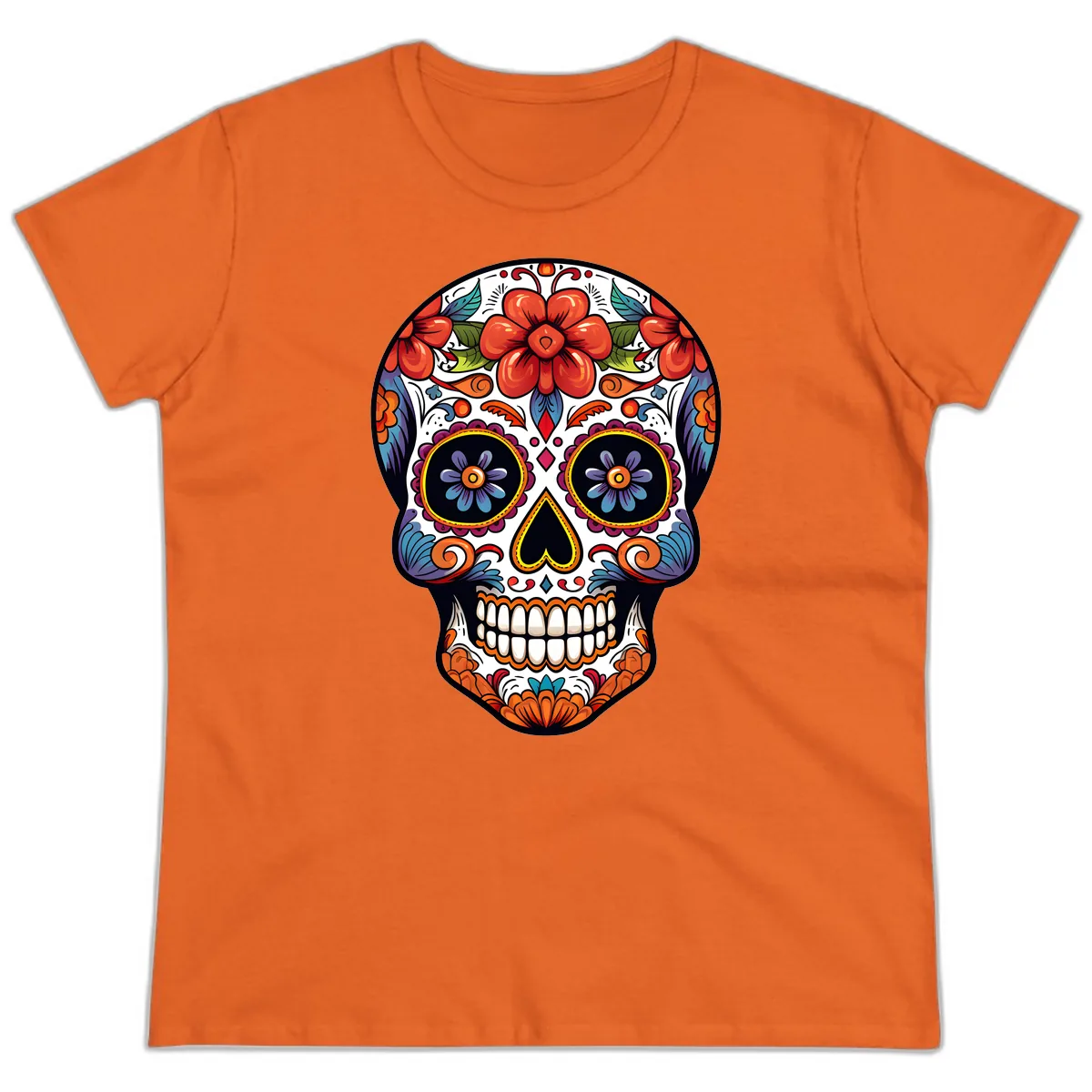 Vibrant Calavera Sugar Skull Art Ladies Tee in Orange