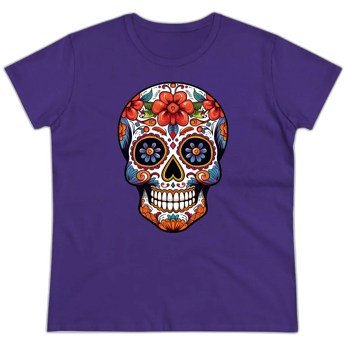 Vibrant Calavera Sugar Skull Art Ladies Tee in Purple