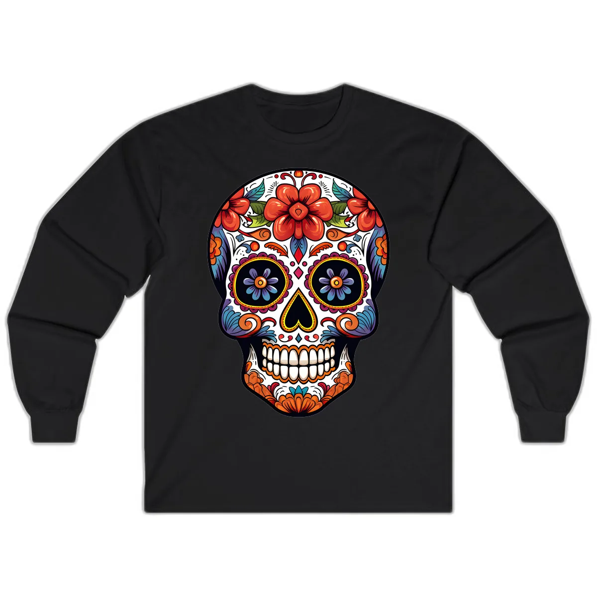 Vibrant Calavera Sugar Skull Art Long Sleeve in Black