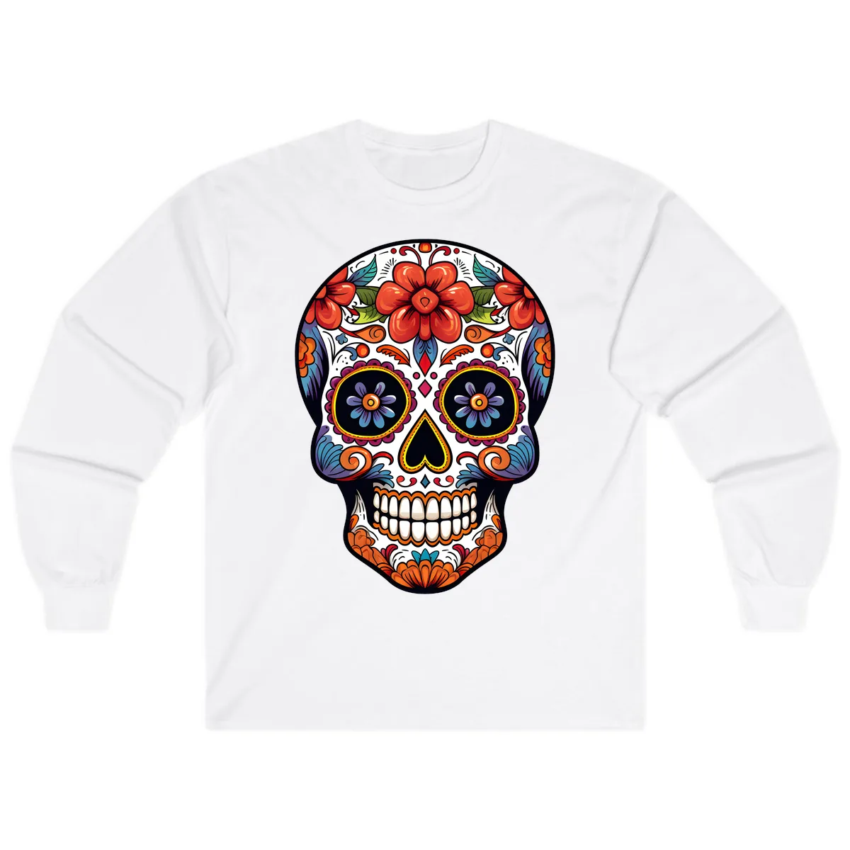 Vibrant Calavera Sugar Skull Art Long Sleeve in White
