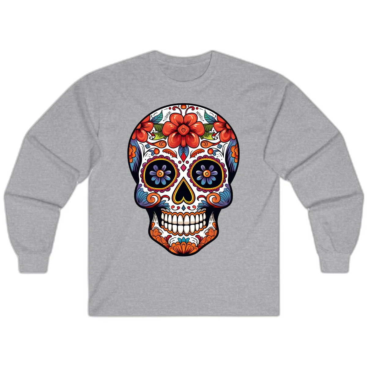 Vibrant Calavera Sugar Skull Art Long Sleeve in Sport Grey