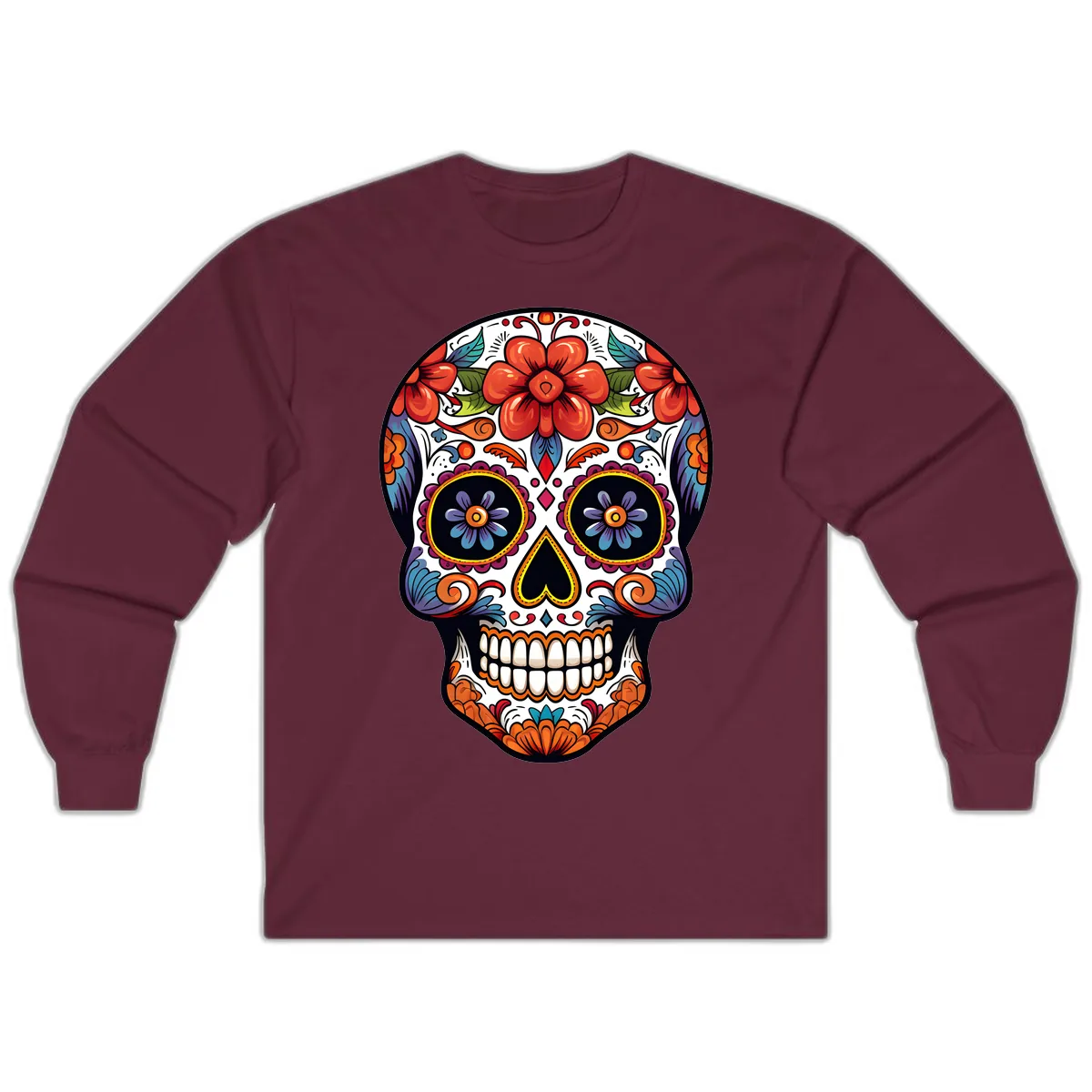Vibrant Calavera Sugar Skull Art Long Sleeve in Maroon