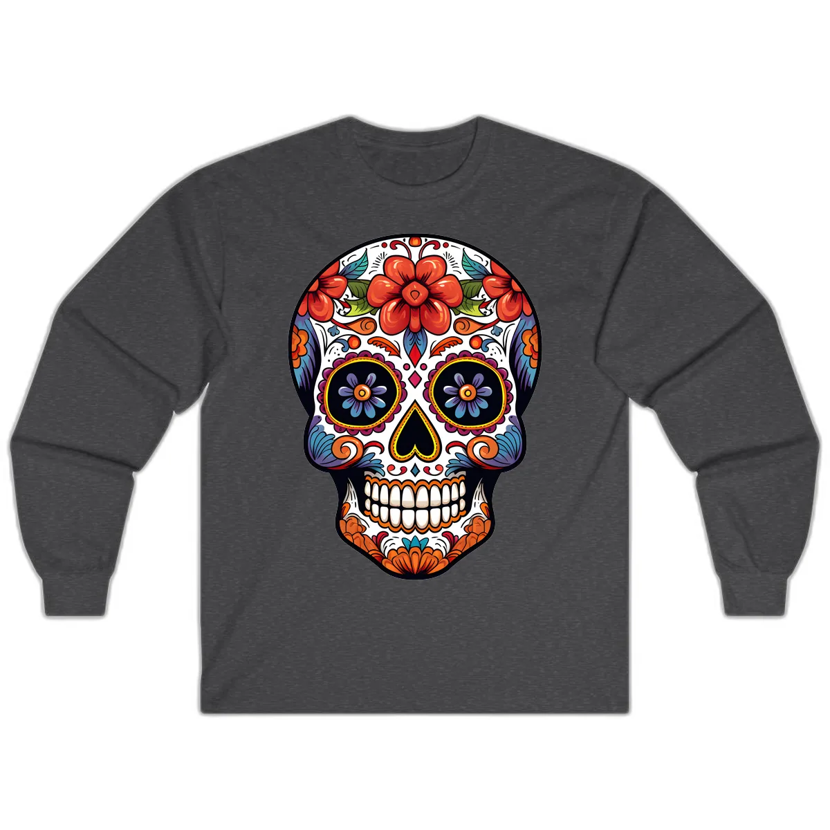 Vibrant Calavera Sugar Skull Art Long Sleeve in Dark Heather