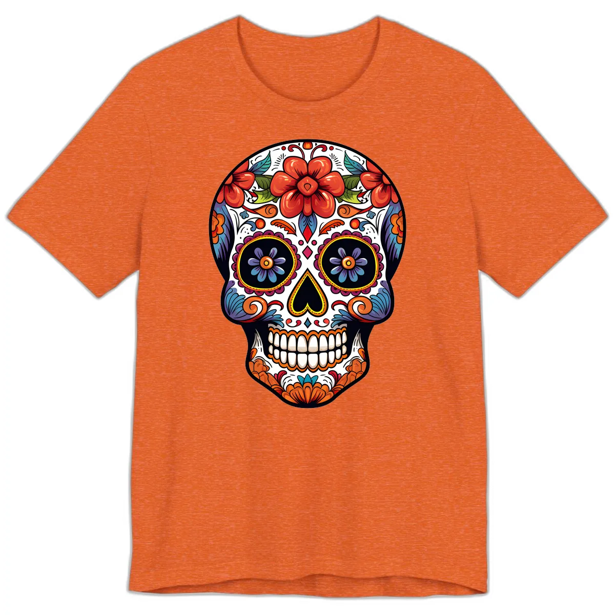 Vibrant Calavera Sugar Skull Art Premium T-Shirt in Heather Orange