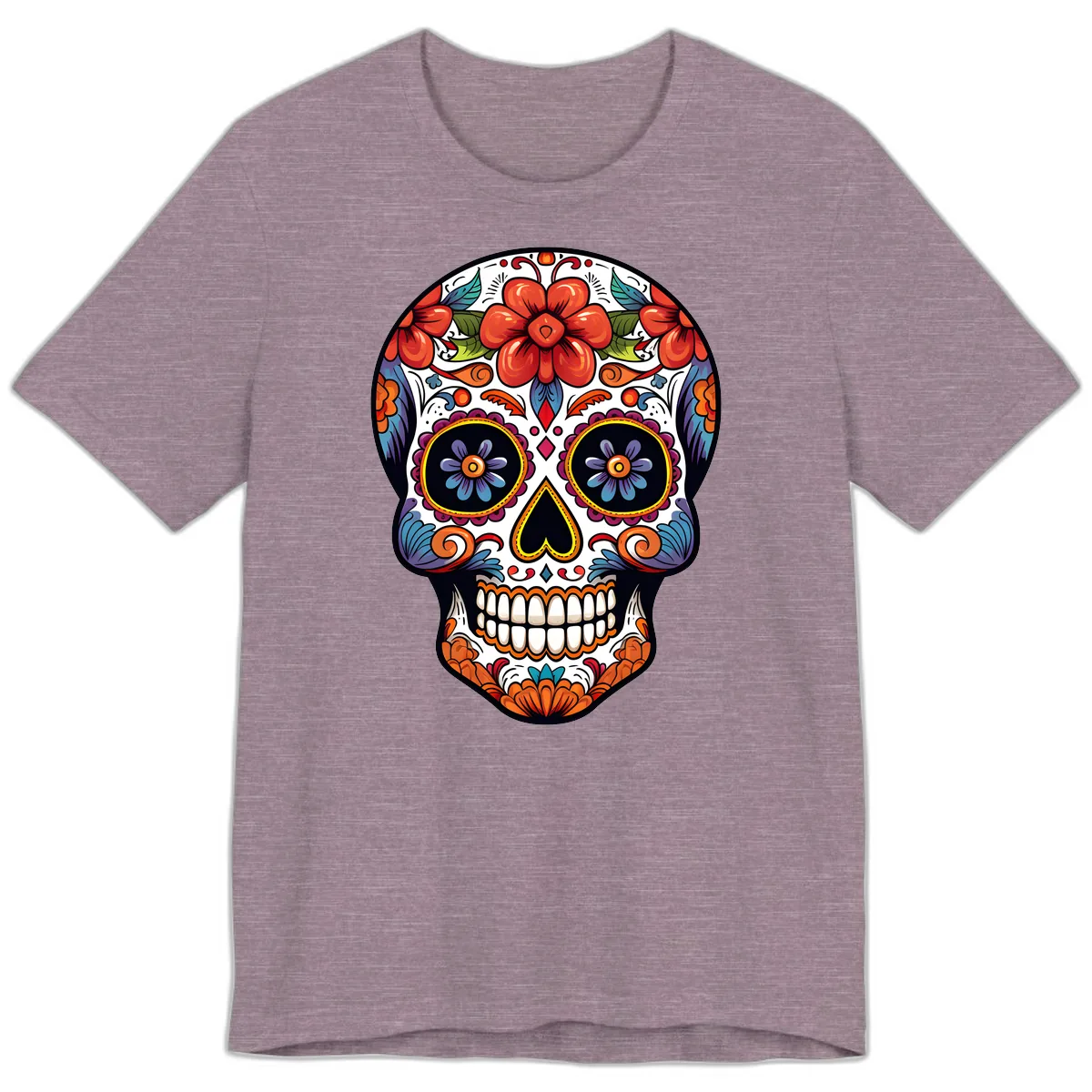 Vibrant Calavera Sugar Skull Art Premium T-Shirt in Heather Purple