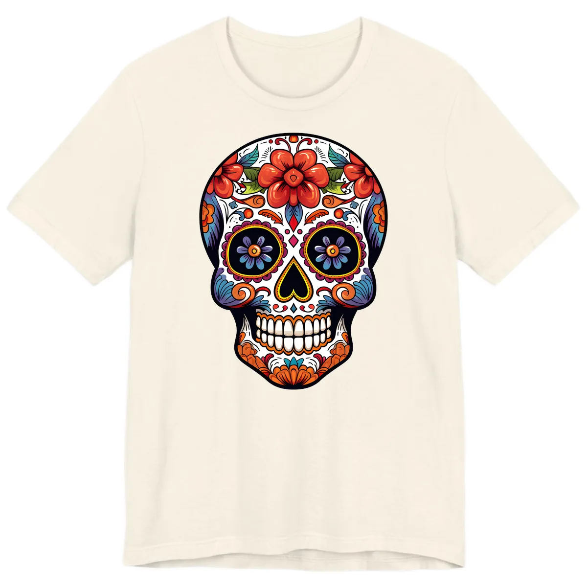 Vibrant Calavera Sugar Skull Art Premium T-Shirt in Natural